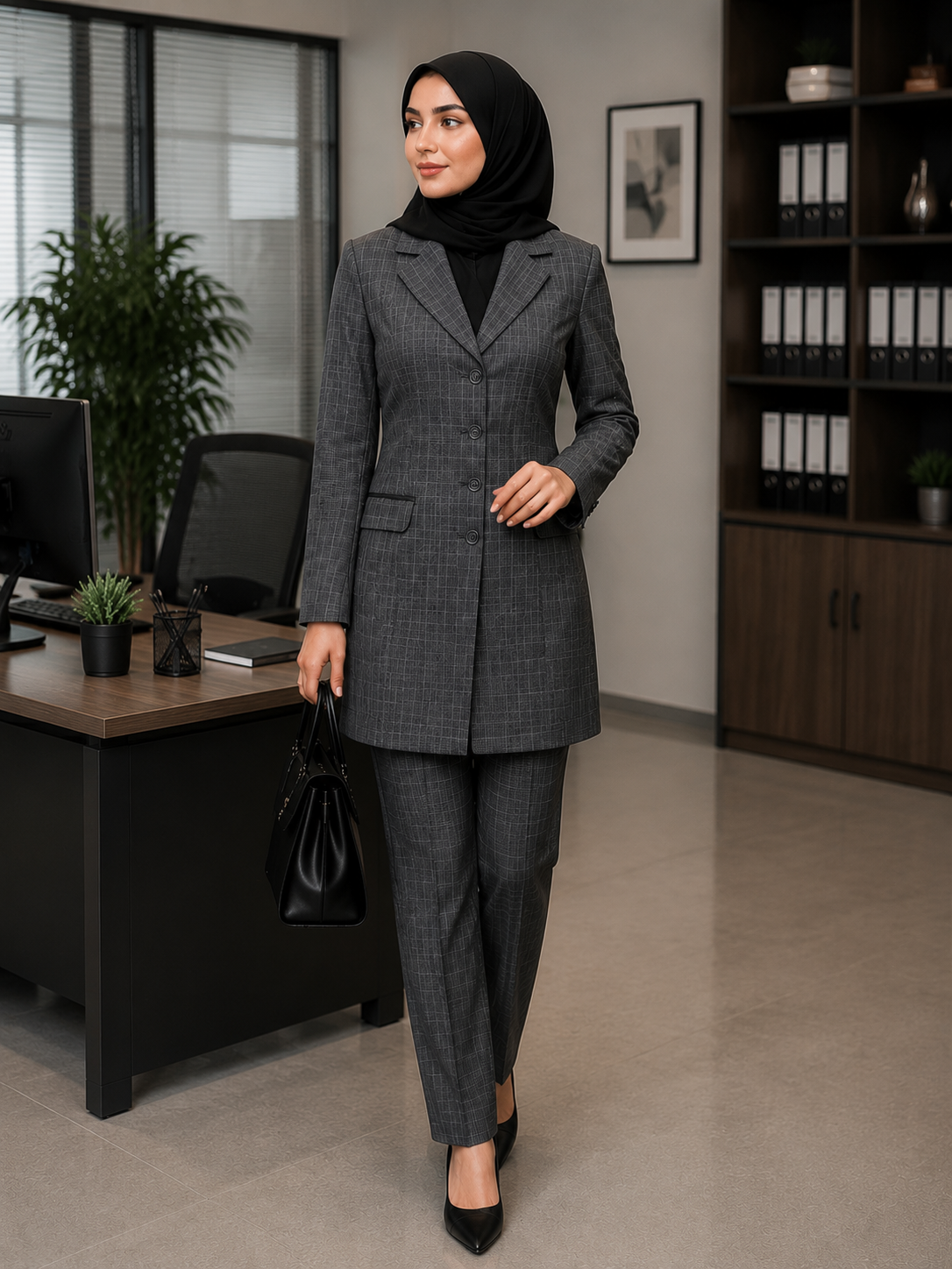 مانتو شلوار اداری یقه انگلیسی پارچه بزیاق چهارخانه اعلا همراه با مقنعه